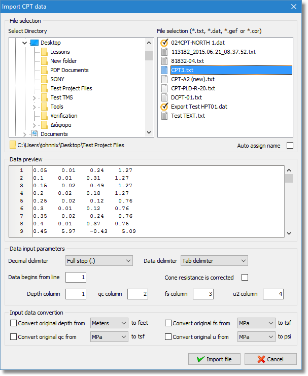 Import CPT file dialog