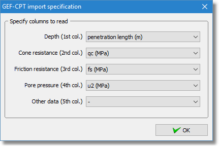 Selected columns to import from a GEF file
