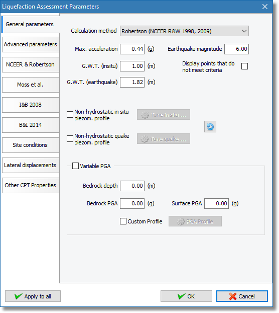 Liquefaction assessment parameters dialog
