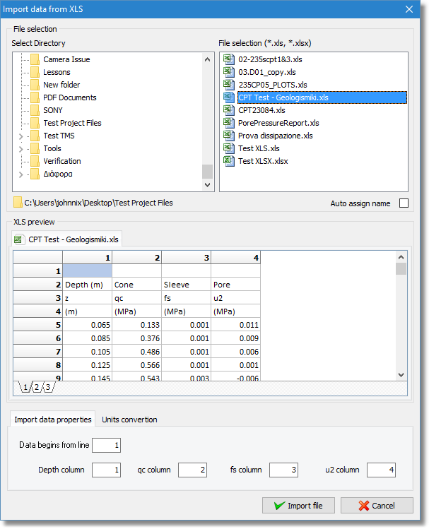 Importing XLS file (for a project with units in SI)