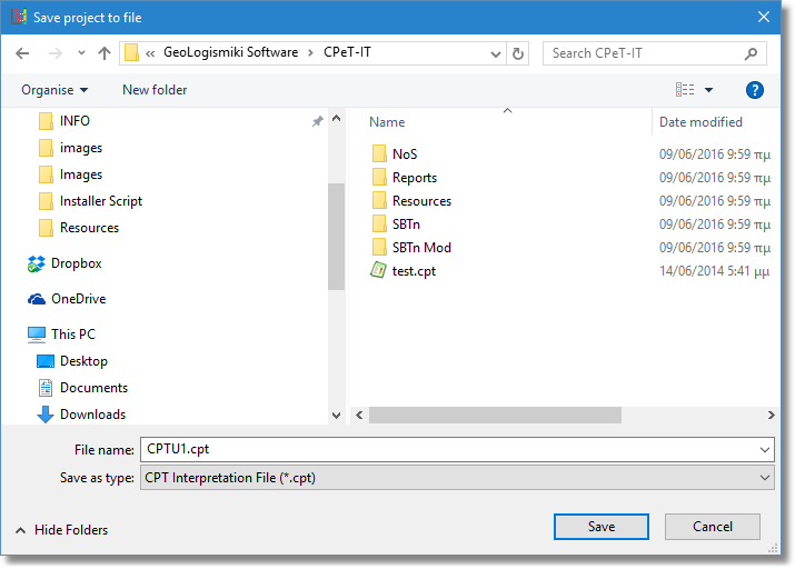 Save project dialog