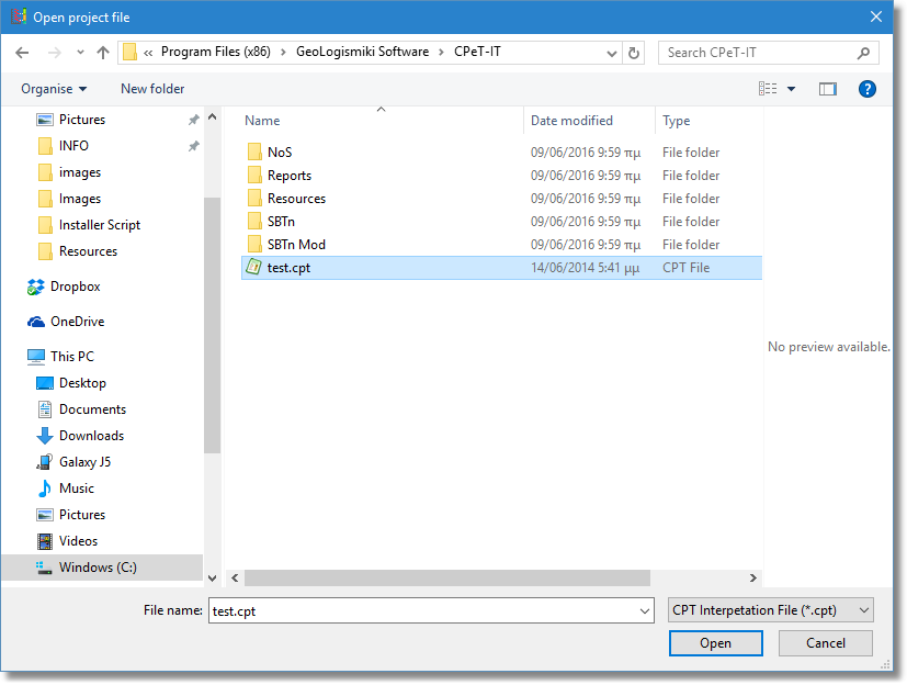 Open project file dialog