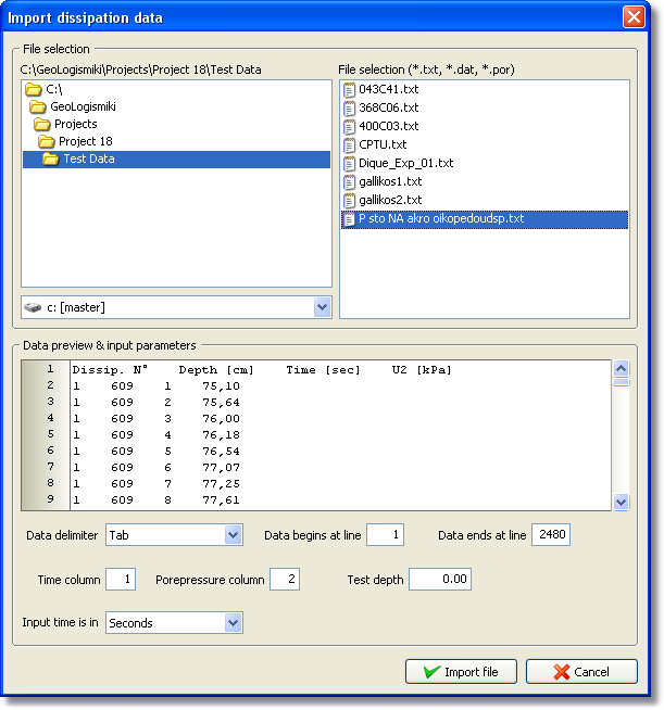 Import dissipation data dialog
