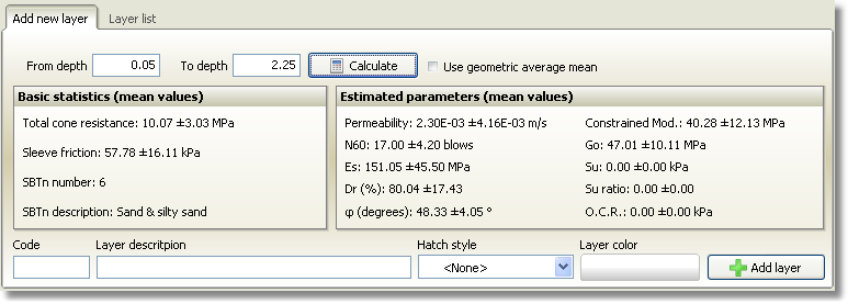 Calculations for the specified soil layer