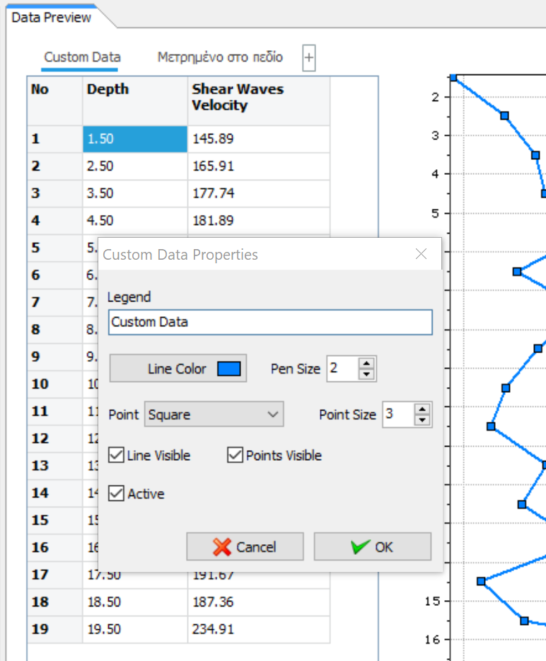 Custom data display properties dialog