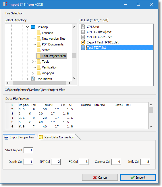 Import data file properties