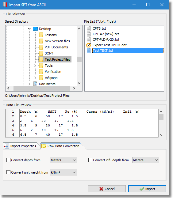 Import raw data conversion